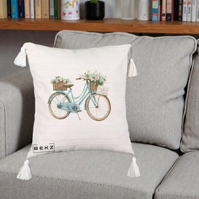 Perna Decorativa Bicicleta Teal cu Cosuri Duble de Flori Vintage, 40x40 cm, Bej cu Franjuri, Husa Detasabila, Perna Inclusa, BEKZ®
