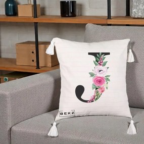 Cadou Personalizat - Perna Personalizata Monograma Florala Litera J, 40x40 cm, Bej cu Franjuri, Husa Detasabila, Perna Inclusa, BEKZ®