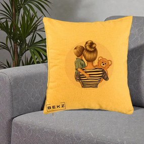 Cadou pentru Mama - Perna Personalizata Mama si Baietelul cu Ursulet, 40x40 cm, Galben, Husa Detasabila, Perna Inclusa, BEKZ®