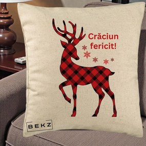 Perna Decorativa Ren Tartan Craciun Fericit, 40x40 cm, Bej, Husa Detasabila, Perna Inclusa, BEKZ®