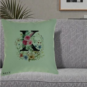 Cadou Personalizat - Perna Personalizata Monogram Litera K cu Flori Acuarela, 40x40 cm, Verde, Husa Detasabila, Perna Inclusa, BEKZ®