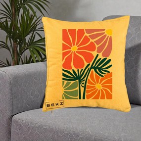 Perna Decorativa Flori Grafice Roz-Orange-Albastru, 40x40 cm, Galben, Husa Detasabila, Perna Inclusa, BEKZ®