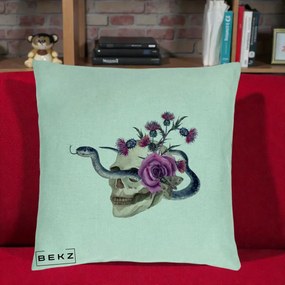 Perna Decorativa Craniu cu Sarpe si Trandafiri Gothic, 40x40 cm, Verde Menta, Husa Detasabila, Perna Inclusa, BEKZ®