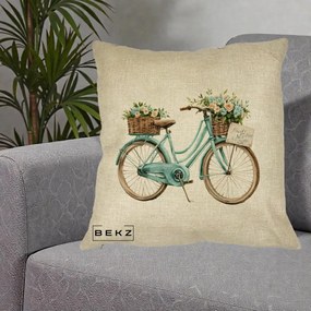 Perna Decorativa Bicicleta Teal cu Cosuri Duble de Flori Vintage, 40x40 cm, Crem, Husa Detasabila, Perna Inclusa, BEKZ®