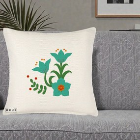 Perna Decorativa Flori Stilizate Folk Turcoaz, 40x40 cm, Crem Reliefat, Husa Detasabila, Perna Inclusa, BEKZ®