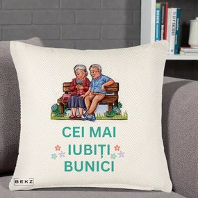 Cadou pentru Bunici - Perna Personalizata Cei Mai Iubiti Bunici Cuplu pe Banca Ilustratie, 40x40 cm, Crem Reliefat, Husa Detasabila, Perna Inclusa, BEKZ®