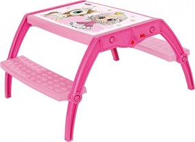 Masuta copii din plastic aditivat cu doua bancute Novokids™ Study Table, dimensiuni 95X78X49 cm, Suprafata lucioasa, Model Printesa cu Unicorn, Roz