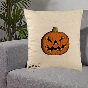 Perna Decorativa Halloween Dovleac Portocaliu Clasic, 40x40 cm, Bej, Husa Detasabila, Perna Inclusa, BEKZ®