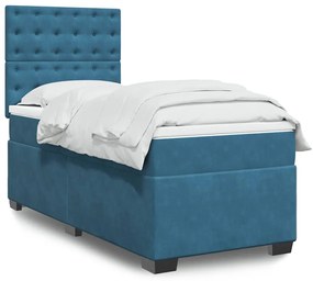 vidaXL Pat box spring cu saltea, albastru, 90x190 cm, catifea