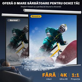 HOMCOM Ecran Proiecție de 85 inch 1:1 cu Telecomandă, Pânză de Proiector Rulantă, 176,5x8x176,5 cm, Alb | Aosom Romania