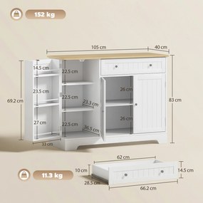 HOMCOM Bufet de bucătărie, mobilier de depozitare cu 3 uși, sertar, rafturi pe ușă și raft reglabil, 105x40x83cm, alb | Aosom Romania