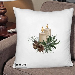 Perna Decorativa Lumanari cu Ilex si Conuri Ilustratie, 40x40 cm, Alb Pufos, Husa Detasabila, Perna Inclusa, BEKZ®