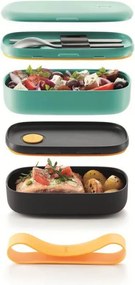 Set 2 cutii pentru alimente Lekue On The Go 1010220, 2x500 ml, Inchidere ermetica, Compartiment tacamuri, Supapa pentru cuptorul cu microunde, Turcoaz/ Negru