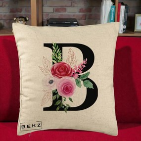 Cadou Personalizat - Perna Personalizata Monograma Florala Litera B, 40x40 cm, Bej, Husa Detasabila, Perna Inclusa, BEKZ®