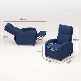 HOMCOM Fotoliu Relax Reclinabil Manual 160° cu Suport pentru Picioare, Fotoliu Reclinabil Tapițat Ergonomic din Material Textil Tip In pentru Dormitor, Birou, Sufragerie, Albastru | Aosom Romania