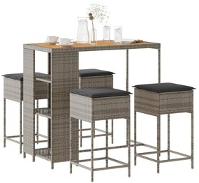 3261499 vidaXL Set mobilier bar de grădină, cu perne, 5 piese, gri, poliratan