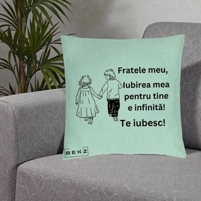 Cadou pentru Frate - Perna Personalizata Fratele Meu Te Iubesc Copii Tinand Maini Varianta 2, 40x40 cm, Verde Menta, Husa Detasabila, Perna Inclusa, BEKZ®
