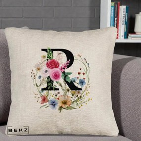 Cadou Personalizat - Perna Personalizata Monogram Litera R cu Flori Acuarela, 40x40 cm, Bej Canapea, Husa Detasabila, Perna Inclusa, BEKZ®