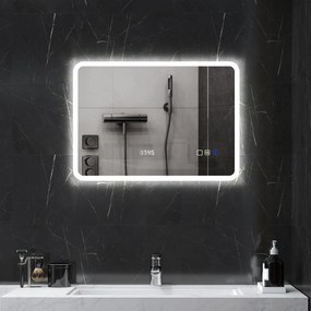 HOMCOM Oglindă de Baie cu Leduri 70x50 cm cu Bluetooth 3 Culori de Lumină Ceas Digital Funcție Anticeață Funcție de Memorie | Aosom Romania