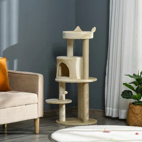 PawHut Ansamblu de Joacă pentru pisici adulte cu căsuță spațioasă și platformă, 104 cm, Crem | Aosom Romania