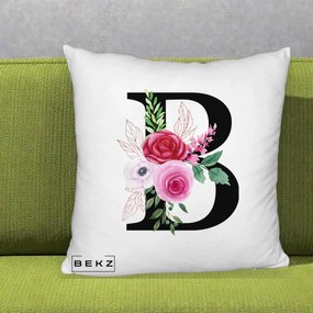 Cadou Personalizat - Perna Personalizata Monograma Florala Litera B, 40x40 cm, Alb Pufos, Husa Detasabila, Perna Inclusa, BEKZ®