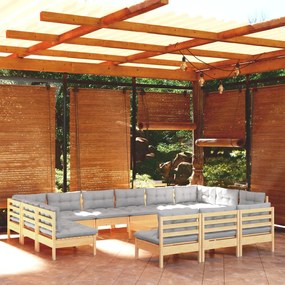 3097240 vidaXL Set mobilier de grădină cu perne, 14 piese, gri, lemn masiv pin