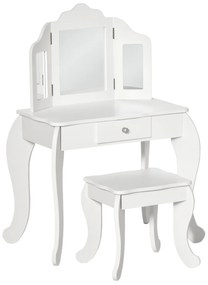 HOMCOM Coafatoare pentru Copii cu Taburet, oglindă triptică și Sertar Culisant - Dimensiuni Coafatoare 63L x 40l x 85,5H cm - Alb Acrilic | Aosom Romania