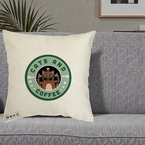 Perna Personalizata Cats and Coffee Starbucks, 40x40 cm, Ecru, Husa Detasabila, Perna Inclusa, BEKZ®