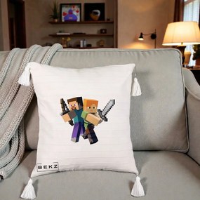 Perna Personalizata Minecraft Steve si Alex, 40x40 cm, Bej cu Franjuri, Husa Detasabila, Perna Inclusa, BEKZ®