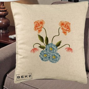 Perna Decorativa Trandafiri si Bujori Acuarela, 40x40 cm, Bej, Husa Detasabila, Perna Inclusa, BEKZ®