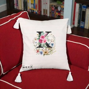 Cadou Personalizat - Perna Personalizata Monogram Litera K cu Flori Acuarela, 40x40 cm, Bej cu Franjuri, Husa Detasabila, Perna Inclusa, BEKZ®