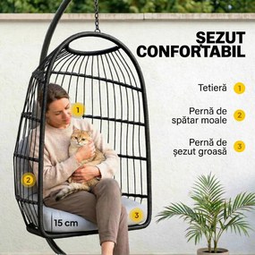 Outsunny Scaun Suspendat Tip Ou, Leagăn pentru Exterior cu Suport și Centură de Siguranță, Negru/Gri Deschis | Aosom Romania