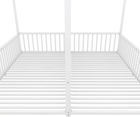 Pat dublu pentru copii 90x200 cm, formă de casă, cu barieră de siguranță, fără saltea, Alb