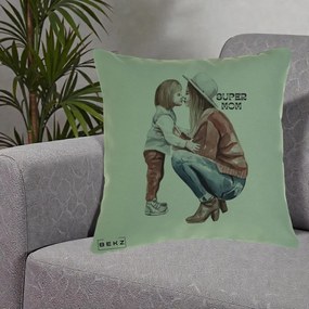 Cadou pentru Mama - Perna Personalizata Super Mom Acuarela, 40x40 cm, Verde, Husa Detasabila, Perna Inclusa, BEKZ®