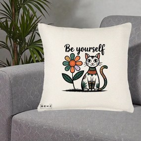 Perna Personalizata Be Yourself Pisica Folk, 40x40 cm, Crem Reliefat, Husa Detasabila, Perna Inclusa, BEKZ®