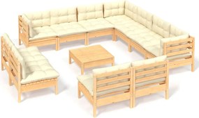 vidaXL Set mobilier grădină cu perne crem, 12 piese, lemn masiv de pin