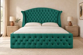 Pat tapițat Chesterfield din catifea Sorella Simple 180×200 cm, verde, cu ladă de depozitare