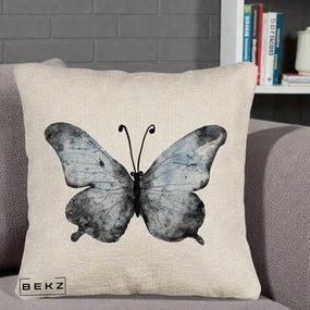 Perna Decorativa Fluture Acuarela Albastru-Gri, 40x40 cm, Bej Canapea, Husa Detasabila, Perna Inclusa, BEKZ®