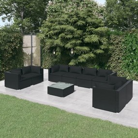 Set mobilier de gradina cu perne, 9 piese, negru, poliratan Negru, 6x colt + 2x mijloc + masa, 1
