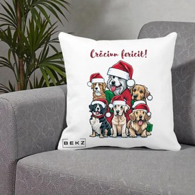 Perna Decorativa Caini cu Bonete Craciun Fericit, 40x40 cm, Alba Mata, Husa Detasabila, Perna Inclusa, BEKZ®