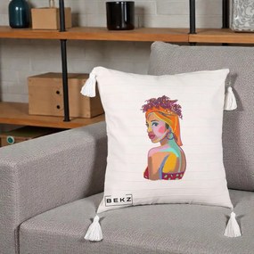 Perna Decorativa Portret Femeie Colorat Pop Art, 40x40 cm, Bej cu Franjuri, Husa Detasabila, Perna Inclusa, BEKZ®