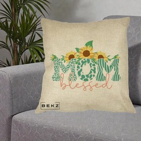Cadou pentru Mama - Perna Personalizata Mom Blessed cu Floarea Soarelui Animal Print Teal, 40x40 cm, Crem, Husa Detasabila, Perna Inclusa, BEKZ®