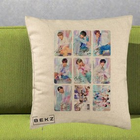 Perna Personalizata K-pop BTS Colaj 9 Fotografii Autografe Individual, 40x40 cm, Bej, Husa Detasabila, Perna Inclusa, BEKZ®