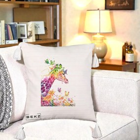 Perna Decorativa Girafa Curcubeu Acuarela, 40x40 cm, Bej cu Franjuri, Husa Detasabila, Perna Inclusa, BEKZ®