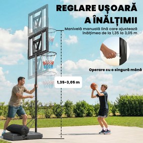 SPORTNOW Coș de Baschet Exterior Reglabil pe Înălțime 135-305 cm, Coș de Baschet cu Roți, Bază Umplibilă, Sac de Greutate, Panou Rezistent, Portabil pentru Interior și Exterior, Negru | Aosom Romania