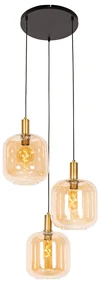 Lampa suspendată inteligentă neagră cu alamă și sticlă ambră 3 lumini incl. 3 Wifi G95 - Zuzanna