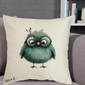 Perna Decorativa Pui Teal cu Ochelari Rotunzi, 40x40 cm, Ecru, Husa Detasabila, Perna Inclusa, BEKZ®