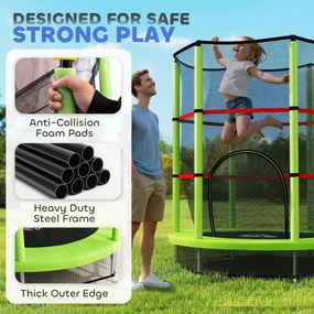HOMCOM Saltea Elastică pentru Copii 3-6 Ani cu Plasă de Protecție, 6 Stâlpi și 3 Intrări, Ø140x190 cm, Verde | Aosom Romania