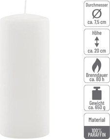 Set de lumânări tip pilon, 20 cm, Ø 7,5 cm, alb, 6 buc