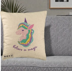 Perna Decorativa Unicorn Believe in Magic, 40x40 cm, Bej, Husa Detasabila, Perna Inclusa, BEKZ®